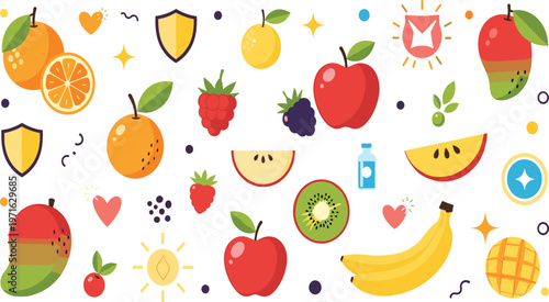 Healthy fruit icons with vitamins and immunity symbols featuring apples citrus banana berries and tropical fruits for nutrition design, wellness concepts, and creative projects.