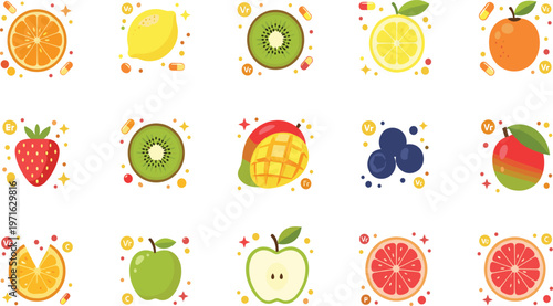 Fruit icons with vitamin symbols collection featuring citrus kiwi berries apple and tropical fruits for nutrition design, health concepts, infographics, and creative projects.