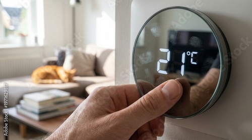 Fotografía Hand adjusting the temperature on a digital smart home thermostat mounted on a living room wall