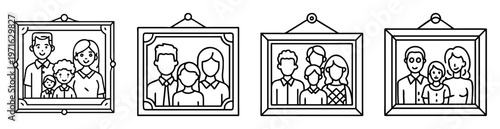 Black and white line art illustration of four family portrait pictures