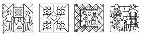 Stylized Black and White Line Art Depicting Family Units and Relationships
