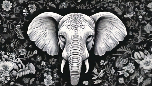 Detailed Elephant Head with Floral Pattern in Black and White.