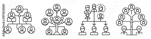 Four diverse family tree diagrams representing familial relationships and ancestry structures