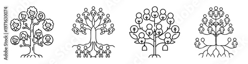 Four different depictions of a family tree featuring people or humanoids