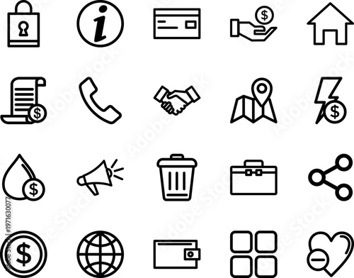 Business and finance vector line icon set, credit card, money, phone, handshake, map, wallet, home, briefcase, lock