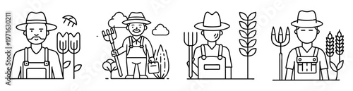 Black and white minimalist line art of farmers and crops illustration