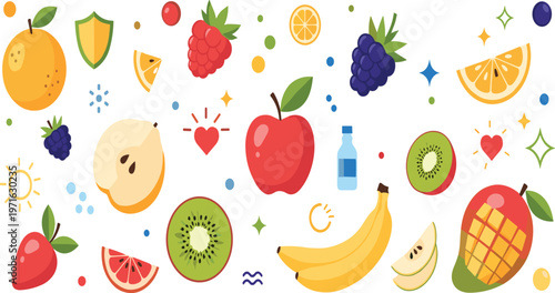 Healthy fruit elements with fresh apples citrus banana kiwi and berries in colorful flat style for nutrition design, wellness concepts, packaging, and creative projects.