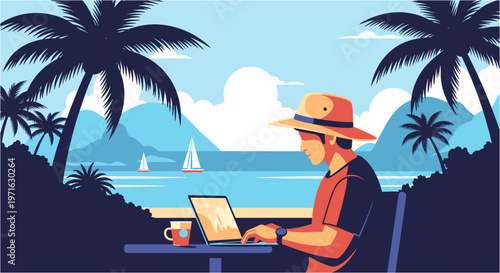 A man in a hat works remotely on his laptop from a tropical beach, enjoying the beautiful ocean view and palm trees.