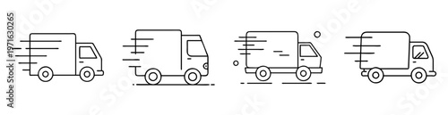 Minimalist set of fast delivery trucks with motion lines indicating speed
