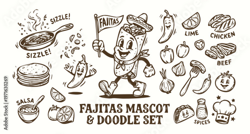 Vintage 1930s Rubber Hose Style Fajitas Mascot and Mexican Food Doodle Set