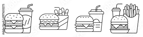 Outline drawings of fast food items including burgers, fries, and soda