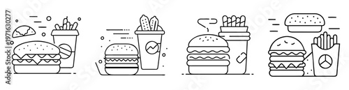 Four sets of fast food in black and white outline drawings