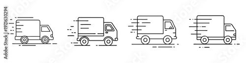 Icon set depicting a delivery truck in motion in a simple style