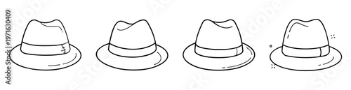 Line drawing illustration of four classic fedora hats arranged side by side