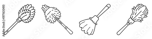 Four feather dusters vector art in outline style, cleaning equipment icons