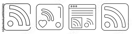 Collection of simplistic outlined podcast and RSS feed icons on white background