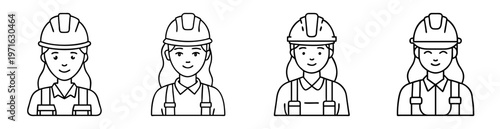 Four female construction workers wearing hard hats and overalls outlined icon