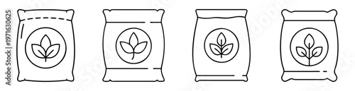Four bags of seed or fertilizer product illustrations with plant symbol