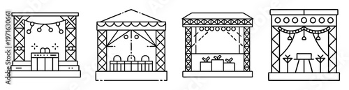 Four different stages or platforms with truss structures and decorations outlined