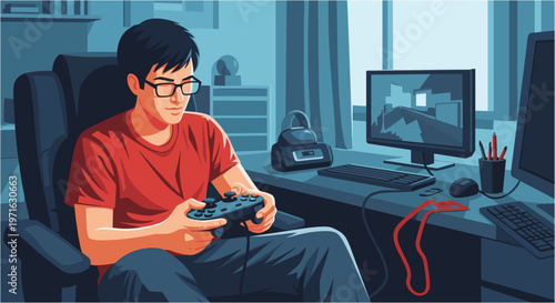 A young man wearing glasses and a red t-shirt is intently playing a video game with a controller in a dimly lit room.