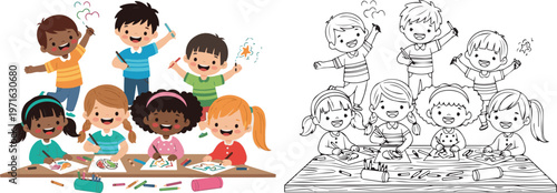 happy book and stationary pen pencil class room vector illustration of children learning kid color book