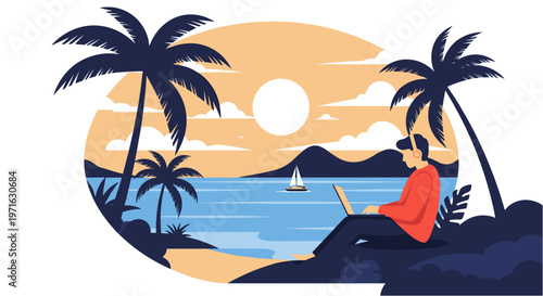 A person works remotely on a laptop, enjoying a tropical beach sunset with palm trees and a sailboat on the ocean.
