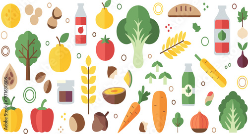 Healthy food ingredients collection with vegetables fruits grains and organic products for nutrition design, cooking concepts, grocery packaging, and creative projects.