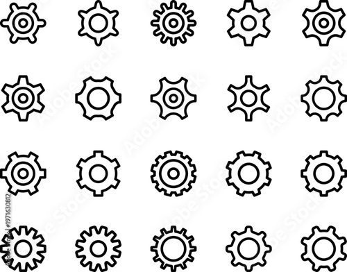 Gear settings configuration outline vector icon set, gear, cogwheel