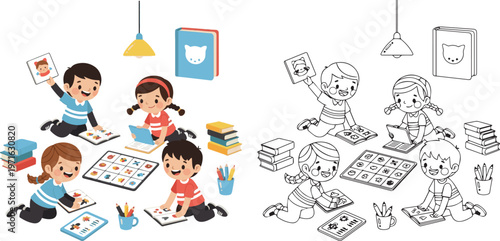 happy book and stationary pen pencil class room vector illustration of children learning kid color book