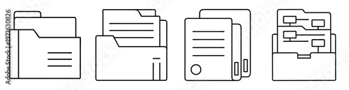 Black and white illustration of various folders filled with documents and diagrams