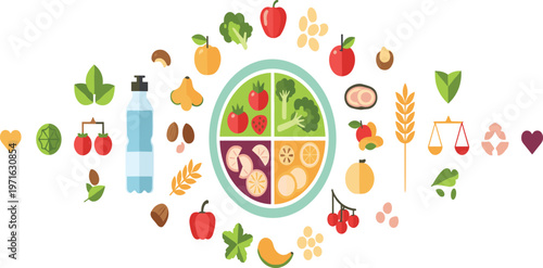Balanced diet concept with healthy food plate fruits vegetables grains and water representing nutrition lifestyle wellness and proper eating habits design illustration.
