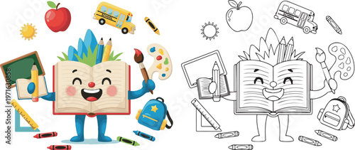 happy book and stationary pen pencil class room vector illustration of children learning kid color book