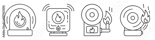 Collection of vector line art fire alarm systems and detectors icons