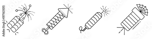 Collection of outlined images depicting various firework styles and designs