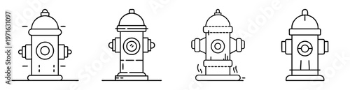 A collection of four different designs of black and white fire hydrants
