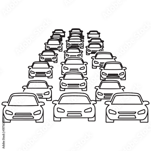 Minimalist line art illustration of multiple cars queuing in a dense traffic jam across several lanes, representing urban congestion, daily commuting, and transportation challenges.