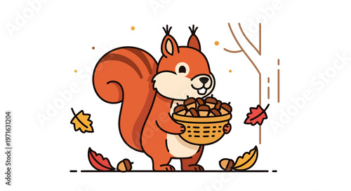 A cartoon squirrel holding a basket of nuts.