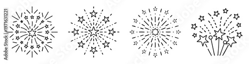 Set of celebratory fireworks doodle icons with stars and dashed radiating lines