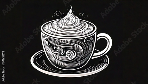 Whimsical illustration of a steaming cup of coffee with whipped cream.