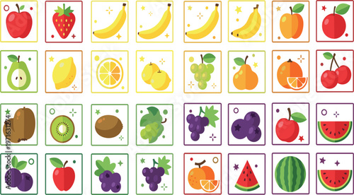 Colorful fruit icons set with various fresh fruits in square frames for healthy food design, mobile apps, menus, stickers, and creative digital projects.