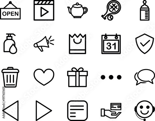 General purpose interface vector icon set, open, play, shopping bag, calendar, shield, heart, gift, chat, credit card, support