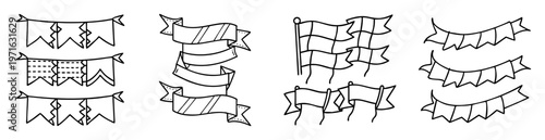 Whimsical hand drawn line art illustration of diverse banner and flag collection