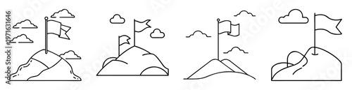 Simple black and white drawings showcasing triumphant flags planted on mountain peaks