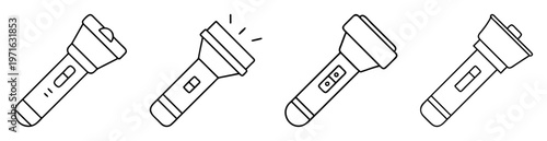 Four different flashlight designs illustrated in a minimal line art style