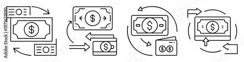 Illustration of cash flow with dollar bills, coins, and wallet