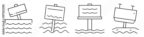 Four distinct illustrations of wooden signs standing in water or on land