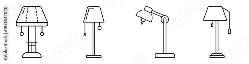 Black and white illustration of four different types of desk lamps