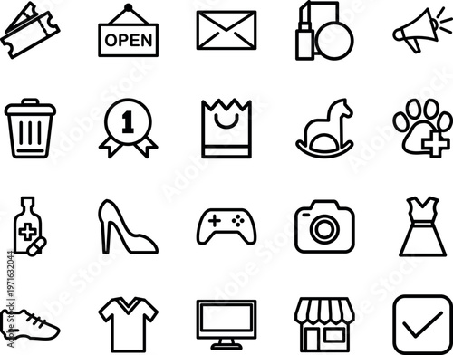 Shopping and retail consumer goods line icon set, shopping bag, store, camera, dress, shoe, medicine, controller