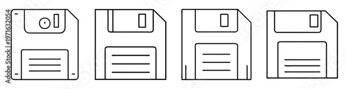 Floppy disks in a line, icons of computer storage from the 1990s