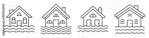 Four stylized houses inundated by floodwater, presented in a row outline drawing